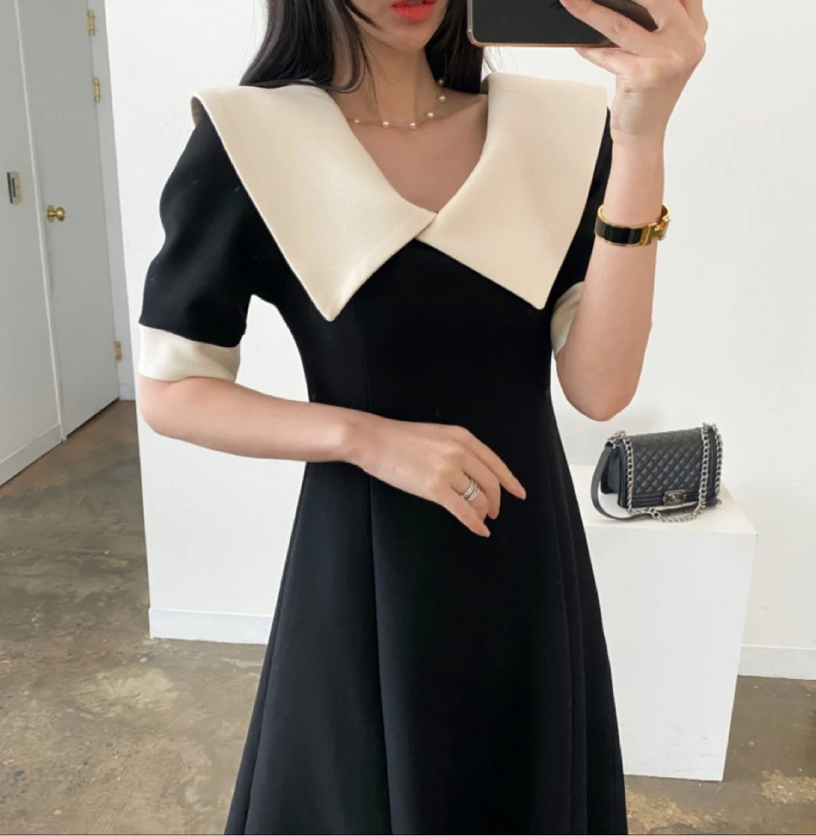 

French Hepburn color contrast elegant slim dress women