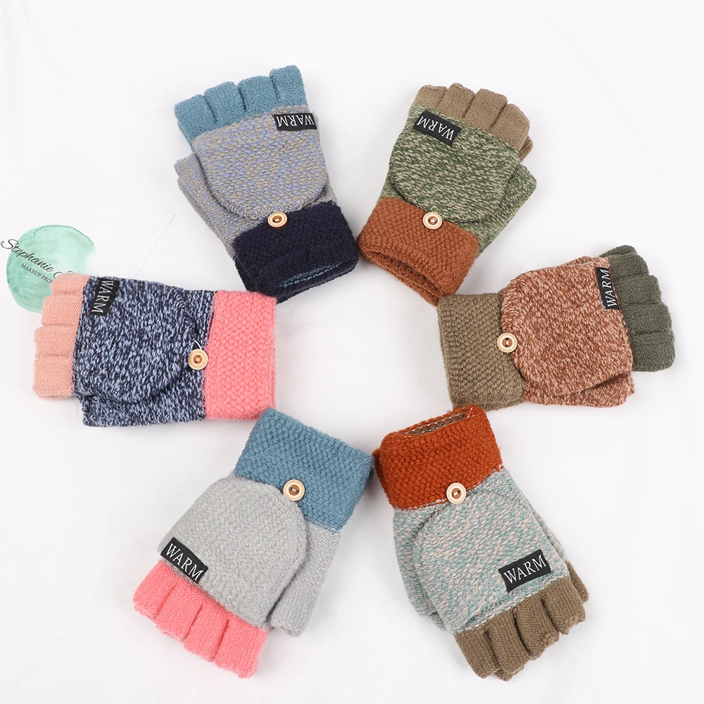 

1Pair Fingerless Thickening Wool Gloves Fashion Half-finger Gloves Exposed Finger Knitted Glove Flexible Flip Winter Warm Mitten