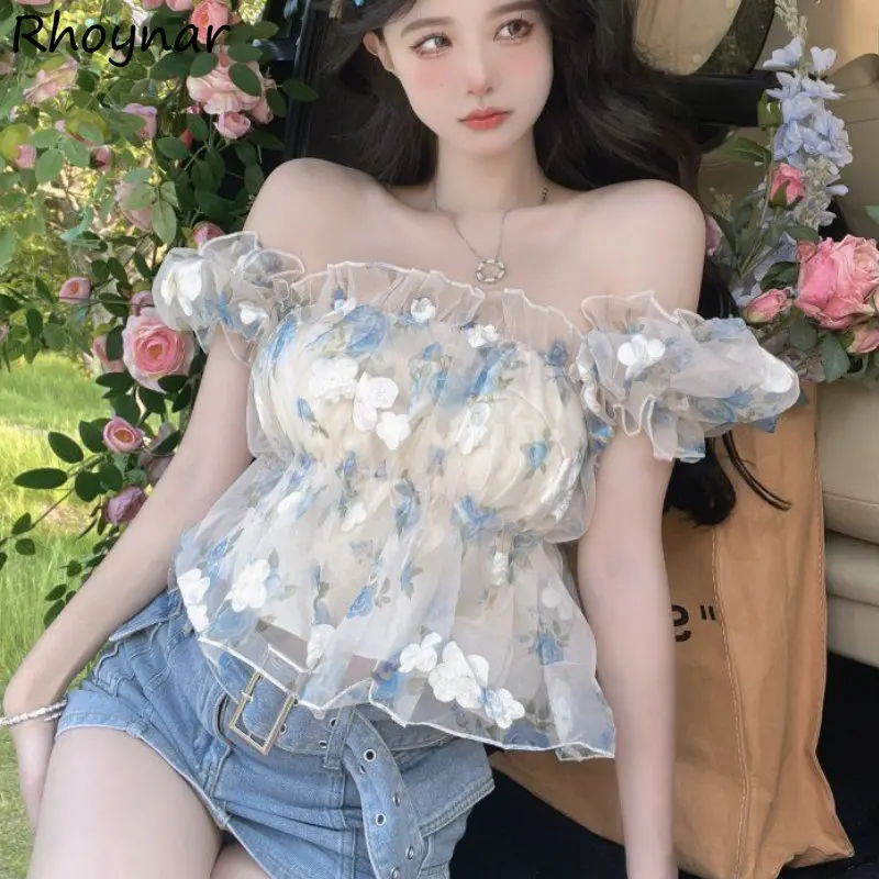 

Cropped Slim Blouses Women Print Hotsweet Temper Ruffles Puff Sleeve Korean Trendy Clothes Designer Vintage Gentle Chemise Femme