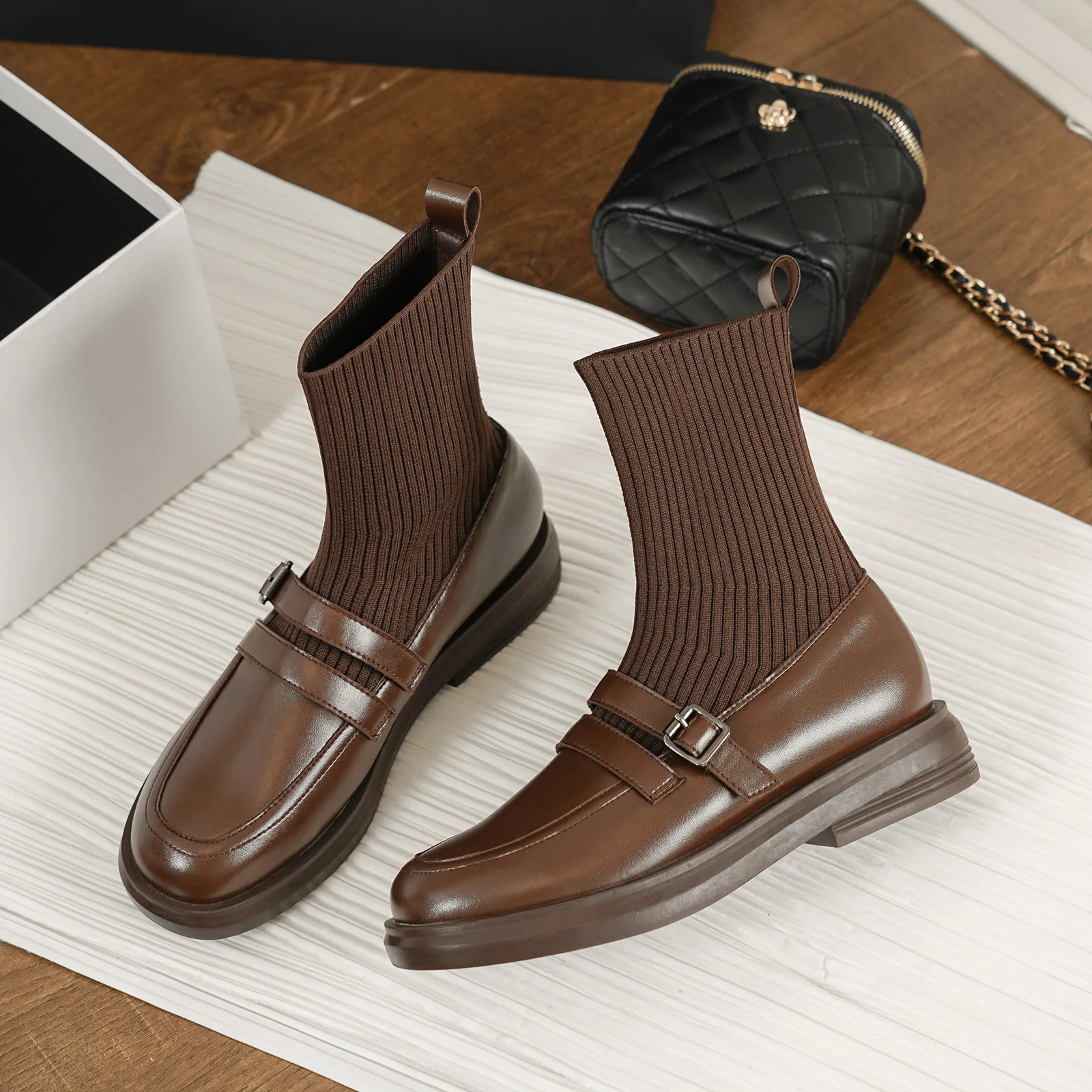 

Women sock boots low heel college style shoes British style girls dress shoes thick bottom