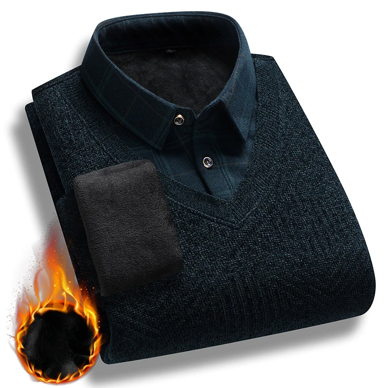 Мужской искусственный свитер из двух предметов вязаный пуловер 2024 зимние теплые