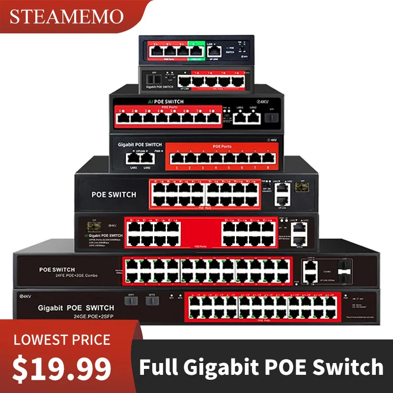 Switch Poe Gigabit Completo Serie Steammemo Ssc 4/6/8/16/24 Porte 1000Mbps Per Telecamera Ip/Switch Ap Wireless Gigabit Sfp