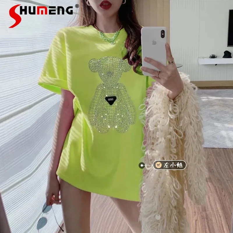 

Kawaii Woman Pink Bear Short Sleeve Tshirts Oversized Summer 2022 New Loose Mid-Length Tops Women Clothing Streetwear Ladies Top
