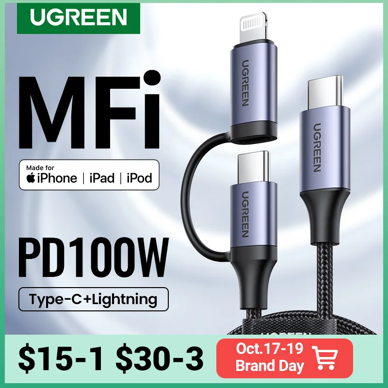 

UGREEN 2 в 1 USB C кабель для iPhone 14 13 12 Pro Max 100 Вт 60 Вт PD Type C зарядный кабель для MacBook Samsung Xiaomi Lightning Кабель