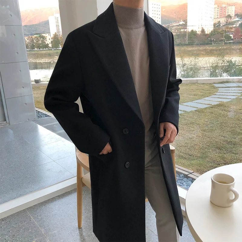 

Men's Autumn Winter Long Woolen Coat Windbreaker New Korean Trendy Clothes Thicken Overcoat Gentleman Elegant Trench 9D1681