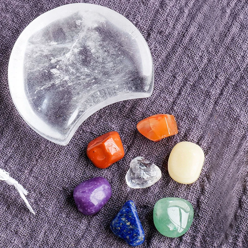 

1 set Mineral Natural Seven Chakras Health Energy Treatment Stone Moon Shape Crystal Bowl For Yoga Irregular Clear Quartz