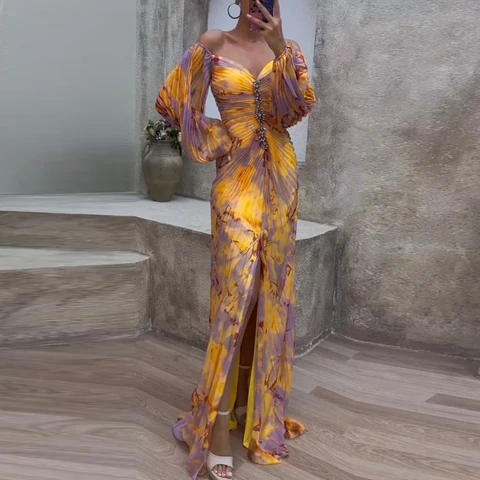 Элегантное платье-макси с рукавом-фонариком, женское сексуальное шифоновое плиссированное платье с открытыми плечами и разрезом, женские модные длинные платья с принтом и V-образным вырезом