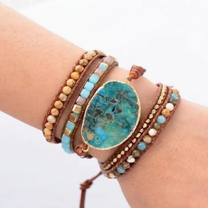 

Women Leather Imperial Stone Bracelet Leather Wrap Bracelets Beads Braided Hand-made Bohemian Bracelet