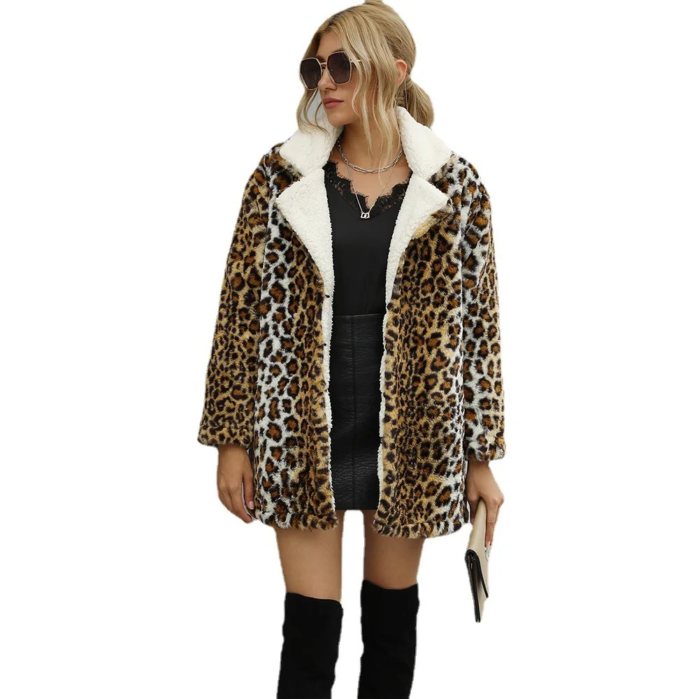 Women's Leather Fur Coat Leopard Print Stud for Autumn and Winter Plush Faux Fur Coat Women's Faux Fur Coat