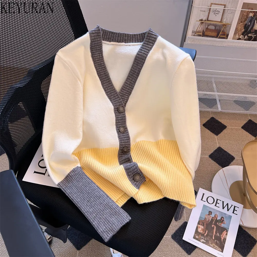 

Color Contrast Knitted Cardigan Women 2022 New Autumn Winter V-Neck Long Sleeve Top Sweater Pull Femme Clothes Slim Jersey Mujer