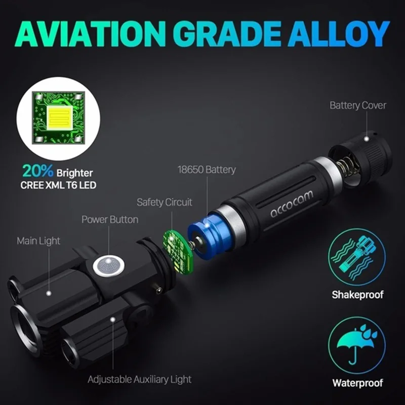 Strong light flashlight Multifunctional T6 outdoor waterproof riding lighting three-head rechargeable LED flashlight enlarge
