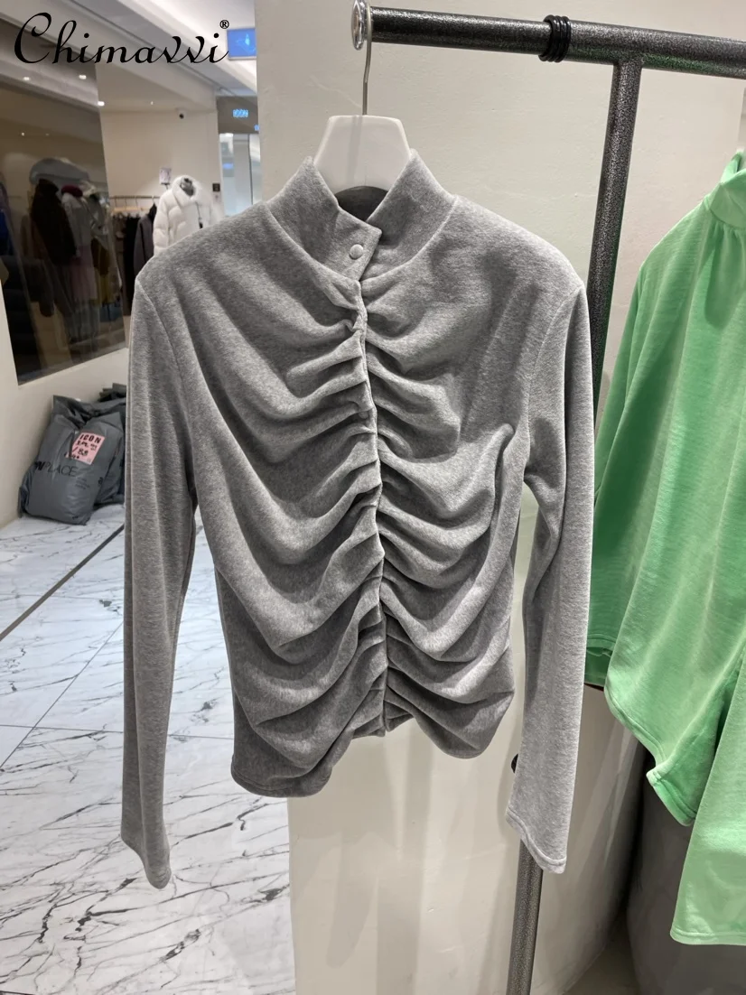 

2022 Spring New Pure Color Half Collar T Shirt Women Pleated All-Match Velvet Shirt Female Long Sleeve Casual Korean T Shirt