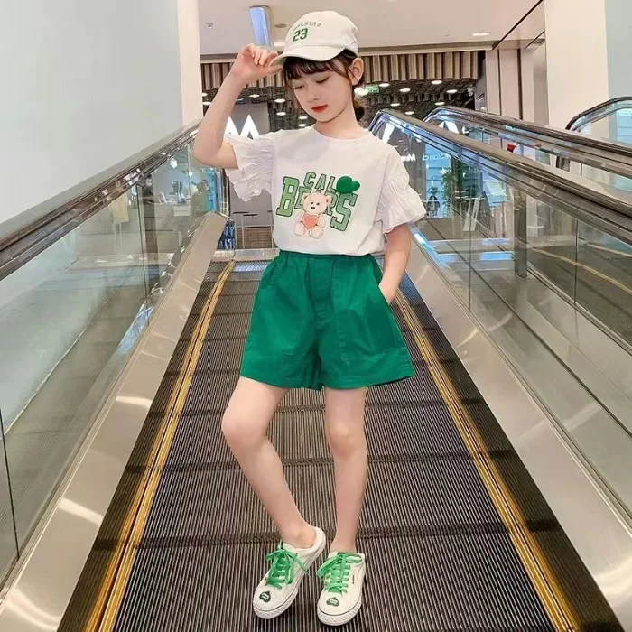 Детский спортивный костюм для девочек 4-12 лет футболка с надписью Медведь и штаны