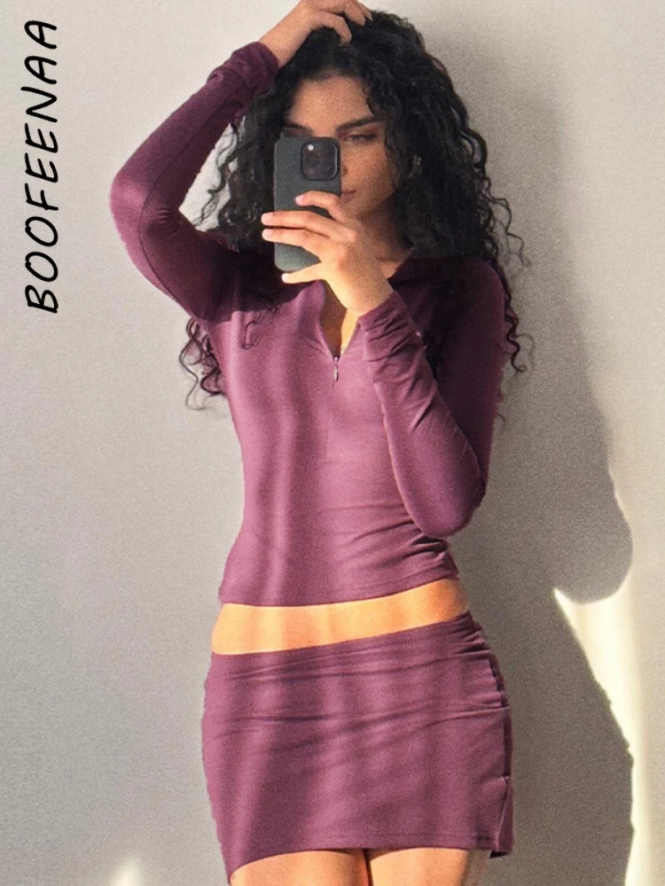 

BOOFEENAA Y2k фиолетовый комплект из 2 предметов женская повседневная одежда осень 2023 короткий топ с длинным рукавом мини-юбка с низкой посадкой подходящие комплекты