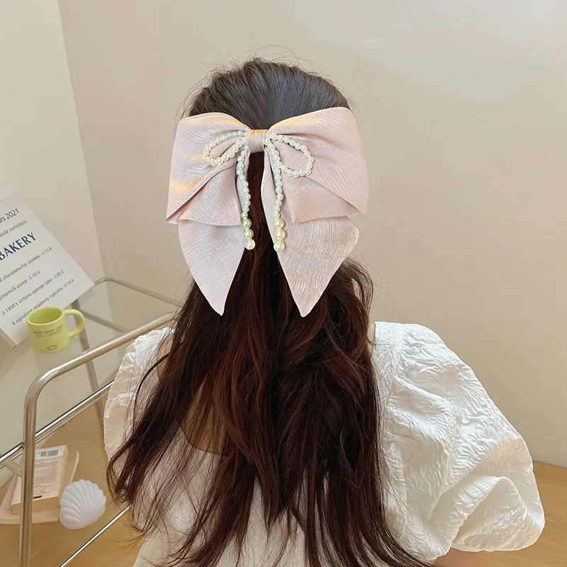 

Korean Big Hair Bow Ties Hair Clips Satin Two Layer Butterfly Bow For Women Bowknot Hairpins Pearl Hairpin Girl Hair Accessorie
