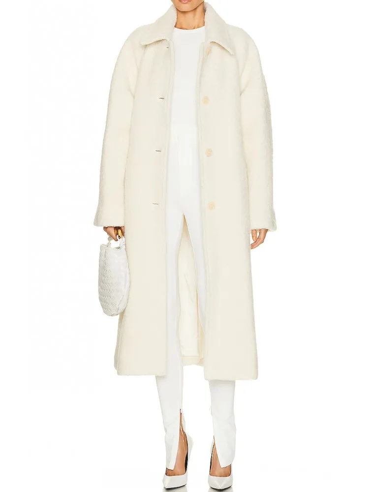 

Женское шерстяное пальто молочного цвета, зимнее пальто, простое однобортное пальто с отложным воротником и поясом, свободная верхняя одежда с открытыми плечами, Новинка