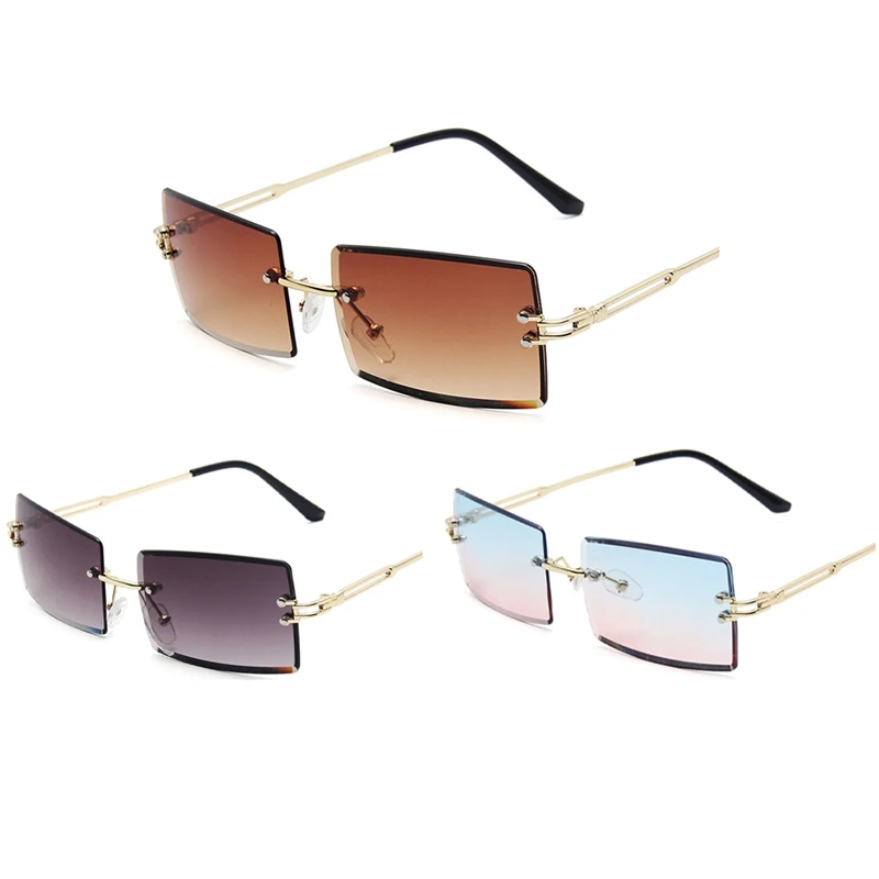

3 Pairs Of Rimless Rectangular Colored Retro Transparent Sunglasses Square Glasses Unisex Suitable For Daily Wear