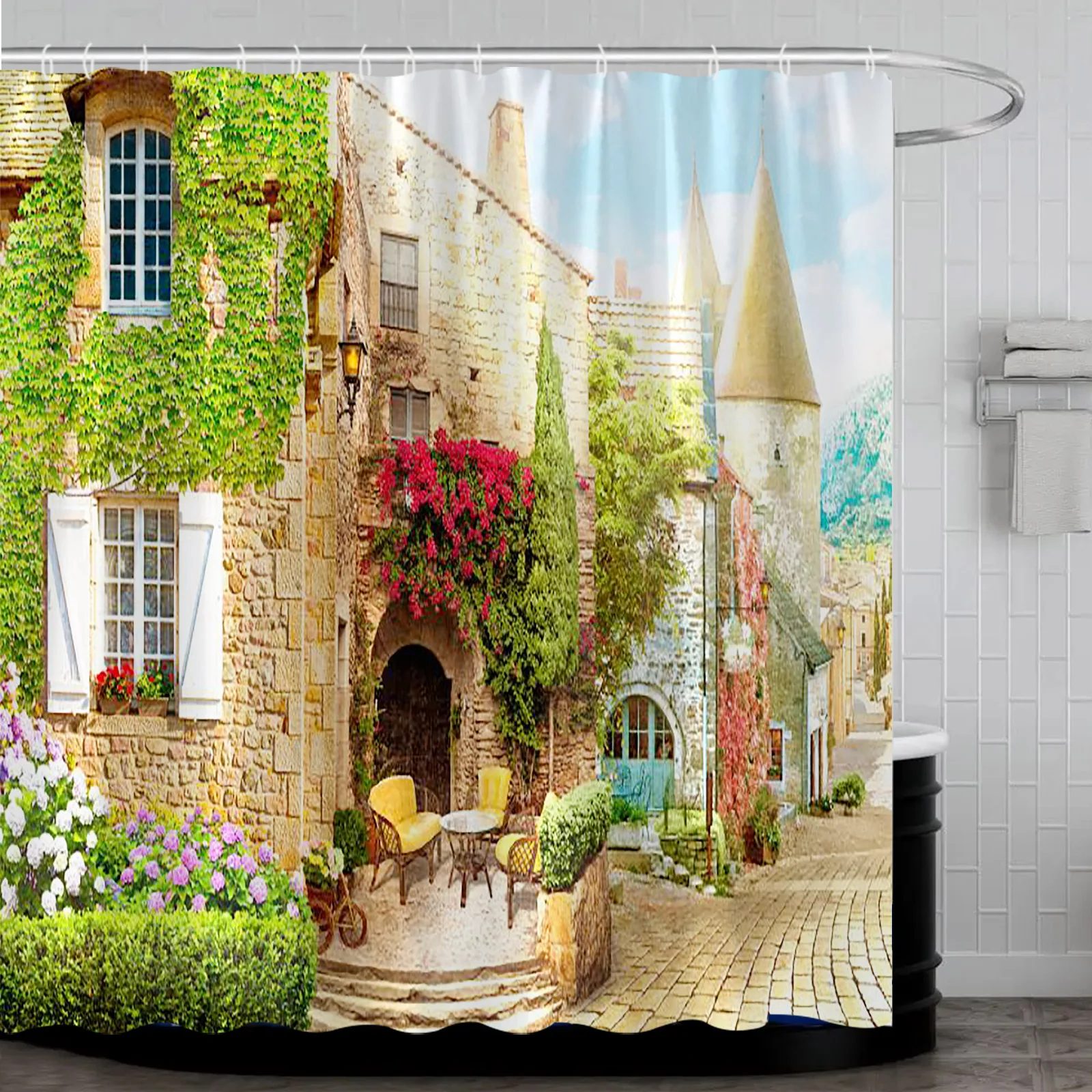 

Italy European Town Scenery Shower Curtain Creative Mediterranean Landscape Fabric Decor Bathroom Curtain Polyester Washable