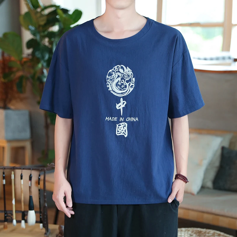 

2022 T-Shirt Plus Size 4XL 5XL Linen Male Big Large O-neck T Shirt Chinese Style Fat Guy Men's Casual Short-sleeve T-shirt