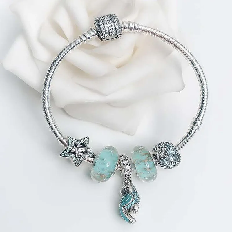 

New 925 Sterling Silver Classic Button With Starfish Beads Parrot Pendant Bracelet Fit Original Pan Charm Female Diy Jewelry