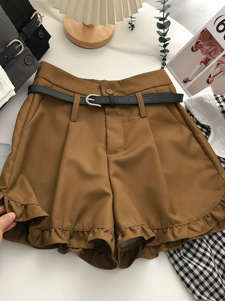 

FTLZZ New Summer Ruffles Shorts with Belt Women Casual High Waist Buttons Wide Leg Shorts Lady Fashion Solid Color A-line Shorts