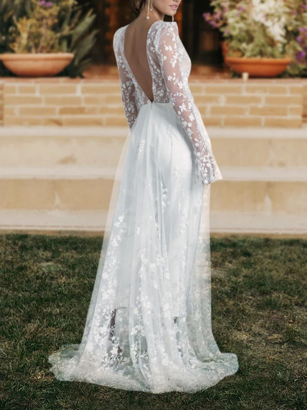 

Lace Overskirt Boho Wedding Dress Jumpsuit 2023 Hippie Long Sleeve Backless Civil Beach Wedding Dresses Chic Bohemian Bridal