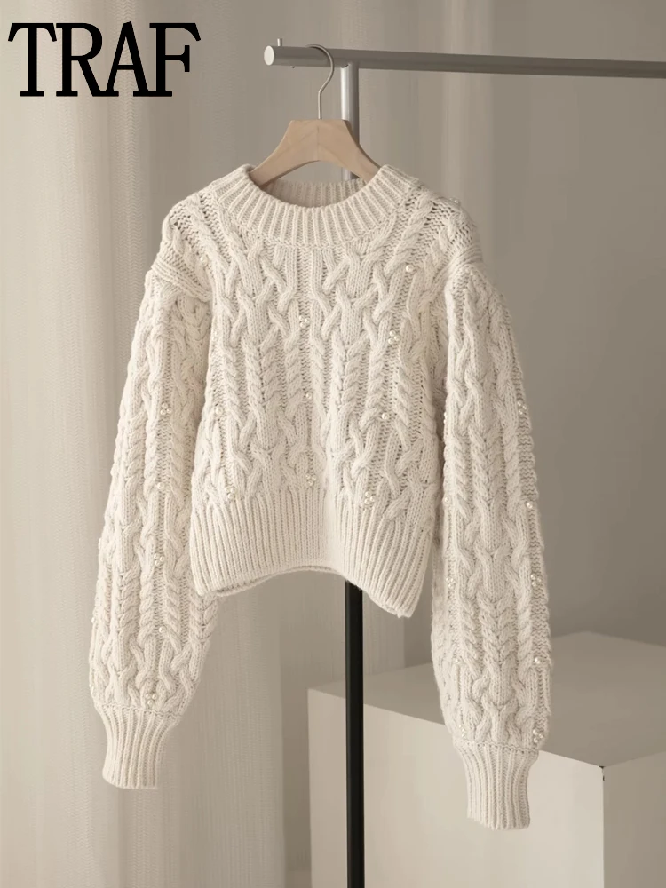 

Женский укороченный свитер с длинным рукавом, с искусственным жемчугом