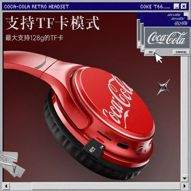 Фото Новые Bluetooth-наушники Coca-Cola T66, Bluetooth 6.0, накладные, из ABS-материала, беспроводные, ретро-дизайн, для игр и спорта, подарок. №5