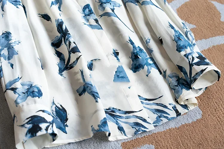 Женская Повседневная Рубашка С Цветочным Принтом Синяя Офисная Блузка Длинным