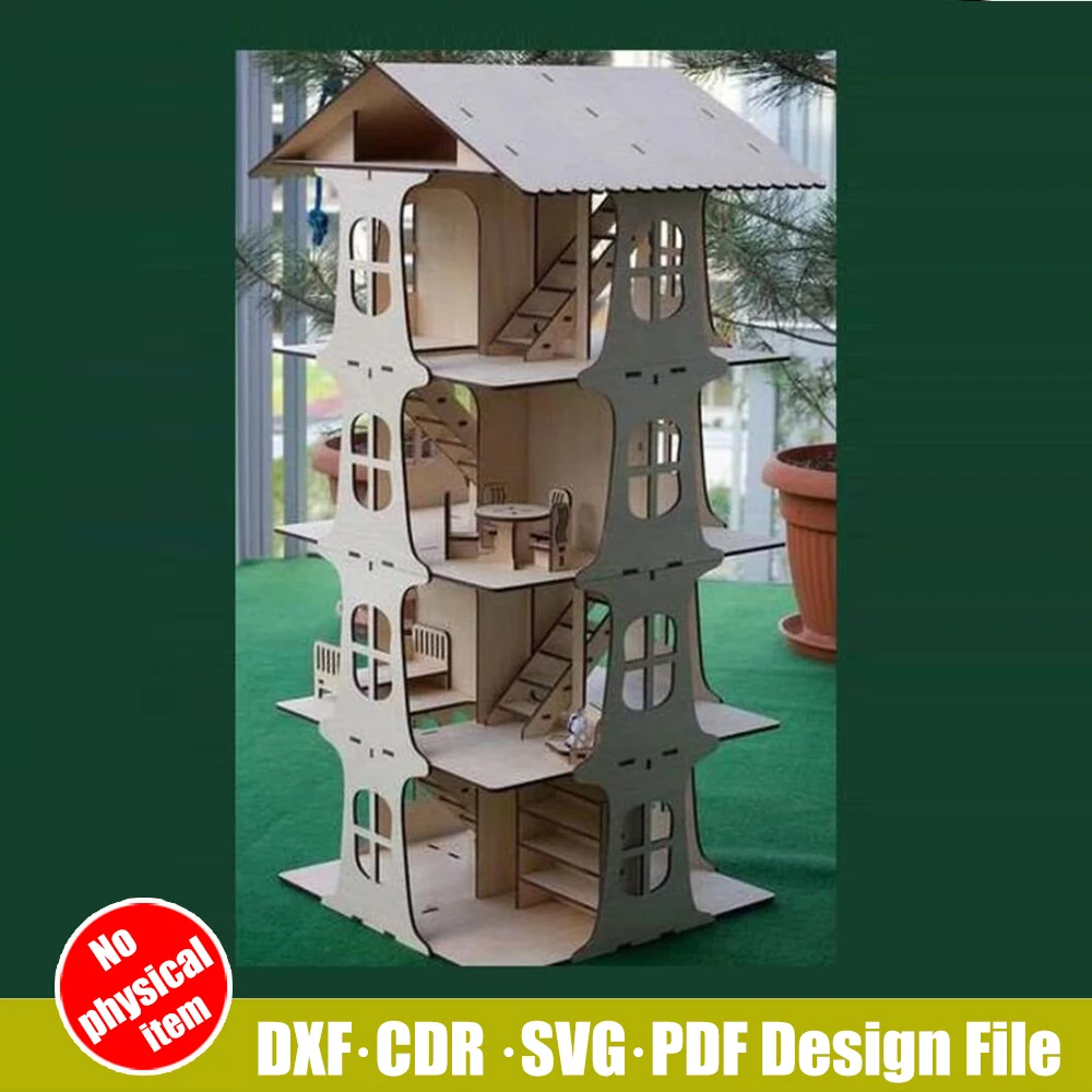 

3D Puzzle Template Five Floor Doll House Laser Cut DXF CDR SVG PDF File Plywood 5 mm for CNC Laser Cutting