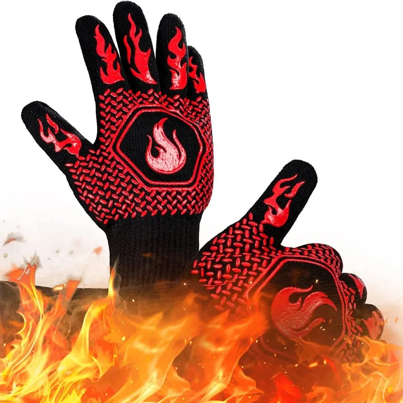 

High Temperature Resistant Silicone Gloves Flame Retardant Fiber Silica Gel Polyester Cotton Middle Flame Red Kitchen Tools