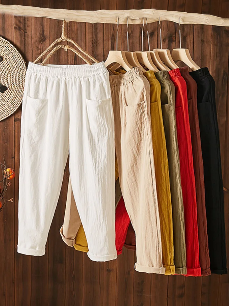 

JMPRS Summer Cotton Linen Ankle-Length Pants Casual Double Pockets Harem Pants Elastic High Waist Fashion Ladies Trousers New