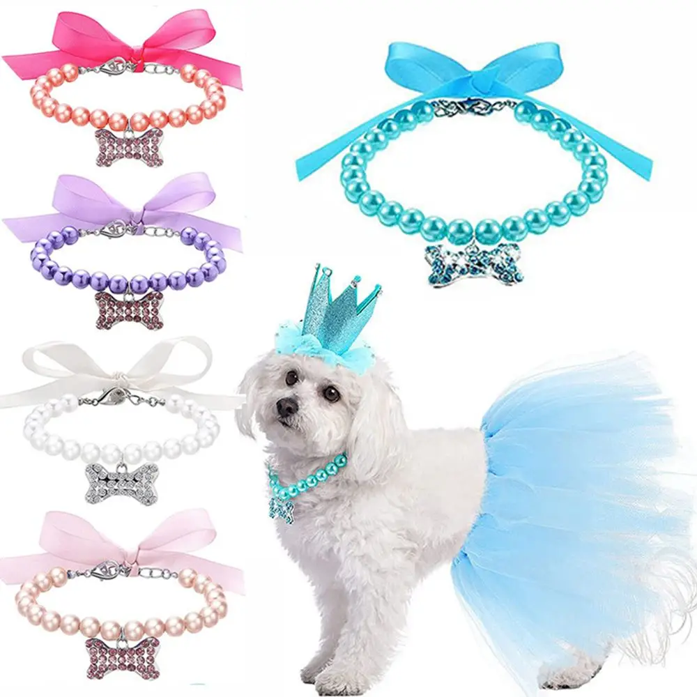 

Cute Diamond Small Pet Cat Accessories Kitten Tie Pet Pearl Necklace Cat Collars Bone Pendant