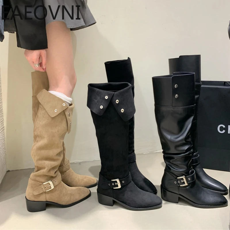 

Designer Winter Women High Boots Fashion Pointed Toe Ladies Elegant Knight Long Boots Square Low Heel Women's Shoes