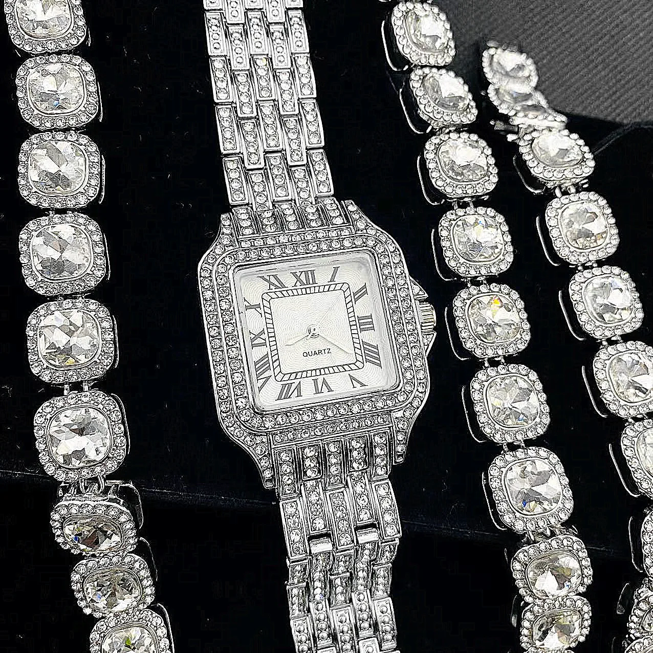 Luxury Iced Out Watches for Women Square Gold Watch Sliver Link Chains Bracelet Necklace Bling Jewelry Women Watch Set Relojes