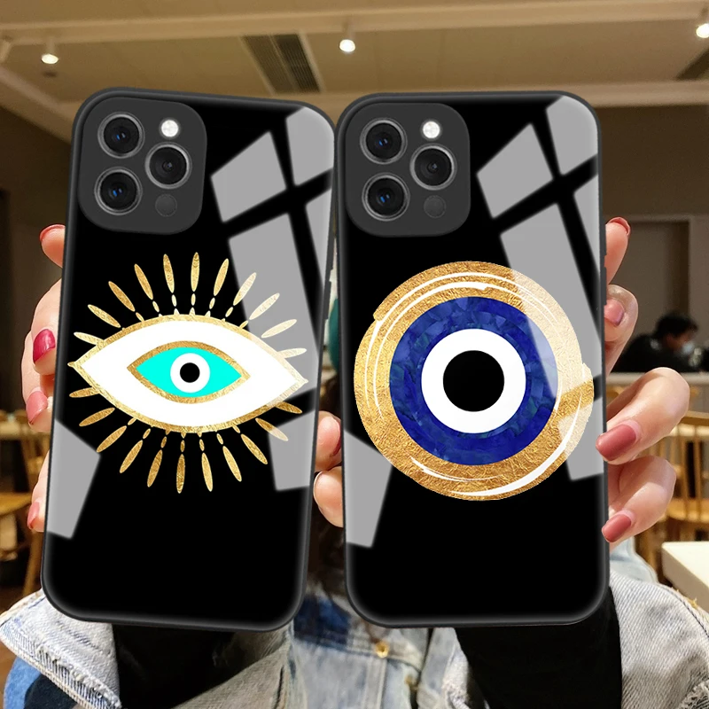 

Tempered Glass Case For iPhone 13 13Pro Max Lucky Eye Blue Evil Eye Print Hard Cover For iPhone 11Pro 11 12 Pro MAX Phone Cases