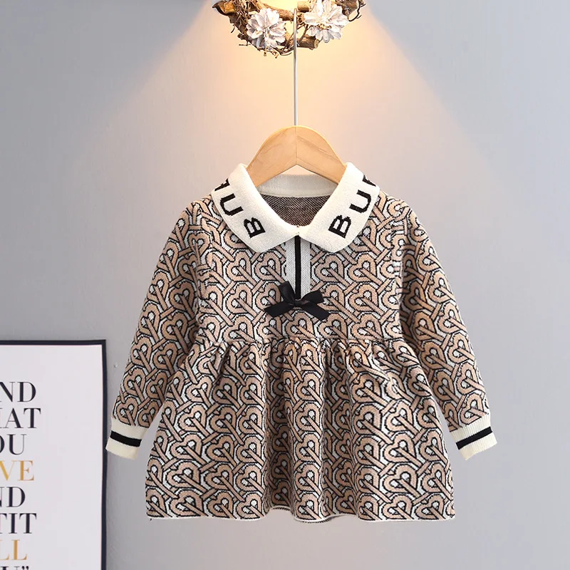 

2021 Autumn Winter Girl Sweater Dress Princess Kids Baby Sweater Children Cloth Pullover Sweet Knitted Dressrs Bow Jumper 1-5y