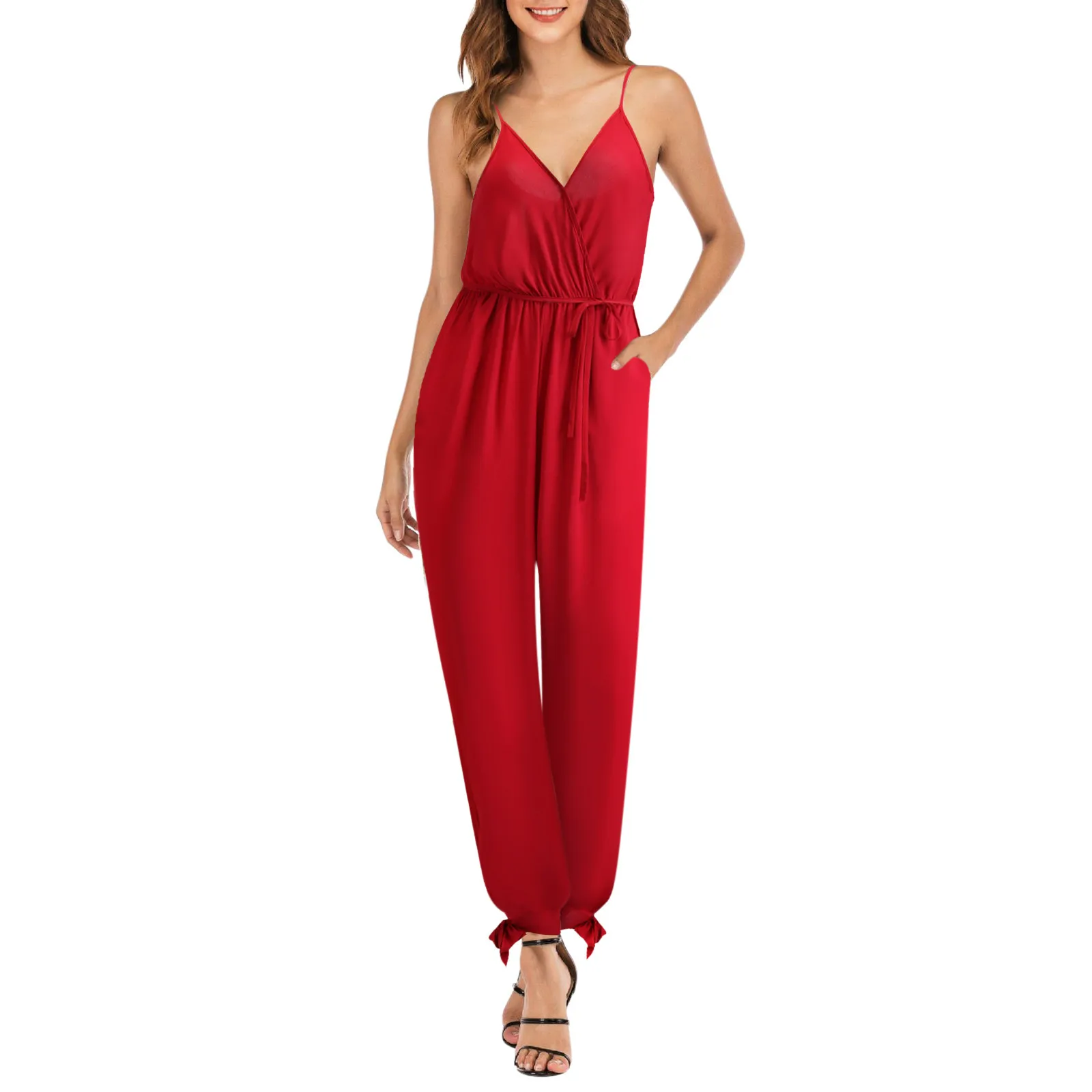 

Womens Sexy V Neck Spaghetti Straps Drawstring Waist Jumpsuit With Pockets