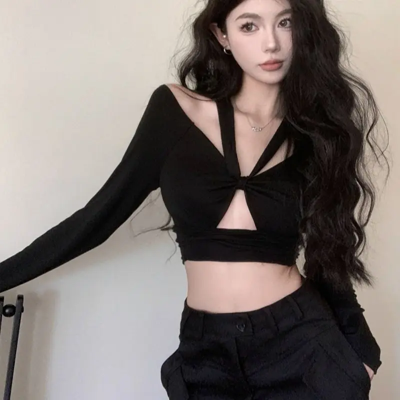 

Hsa Women Summer Skinny Tops Halter Black Tops Hollow Out Sexy Cropped Tops Backless Pure Cotton Party Harajuku Chic Tops Tshirt