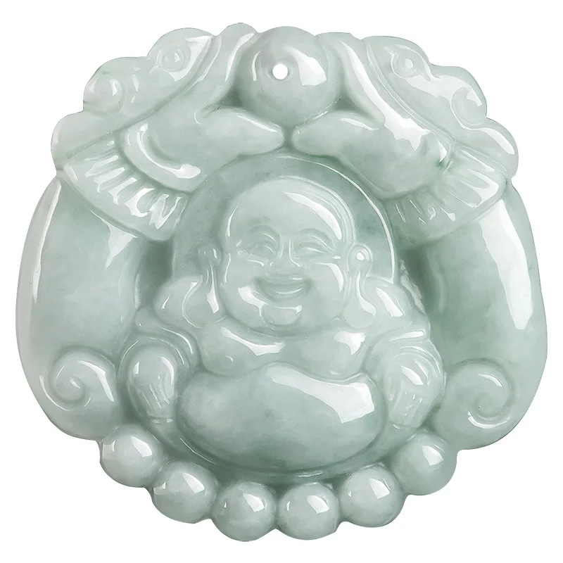 

Natural Myanmar A-goods Jadeite Double Dragon Laughing Buddha Maitreya Pendant Jewelry Ice Jade Charms Women's Gifts Drop Ship