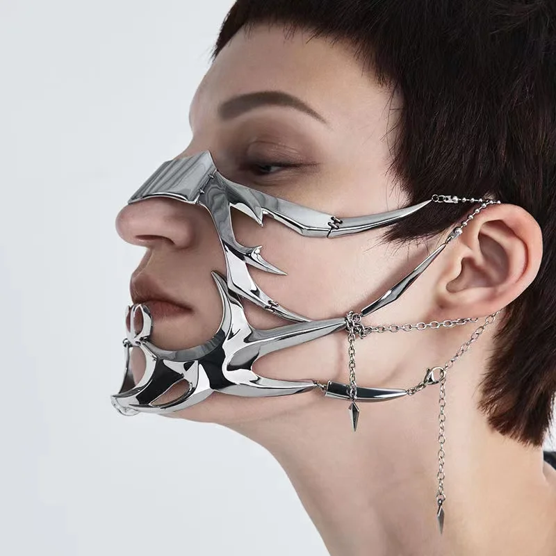 2022 Luxury CyberPunk Mask Liquid Irregular Silver Color Hollow Titanium Steel Facial Accessories For Women Men Party Jewelry