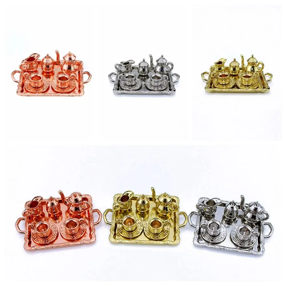 

Столовая посуда, тарелка, миниатюрный кукольный домик, аксессуары для кукол, металлическая тарелка для чая, чайник, чашки, поднос