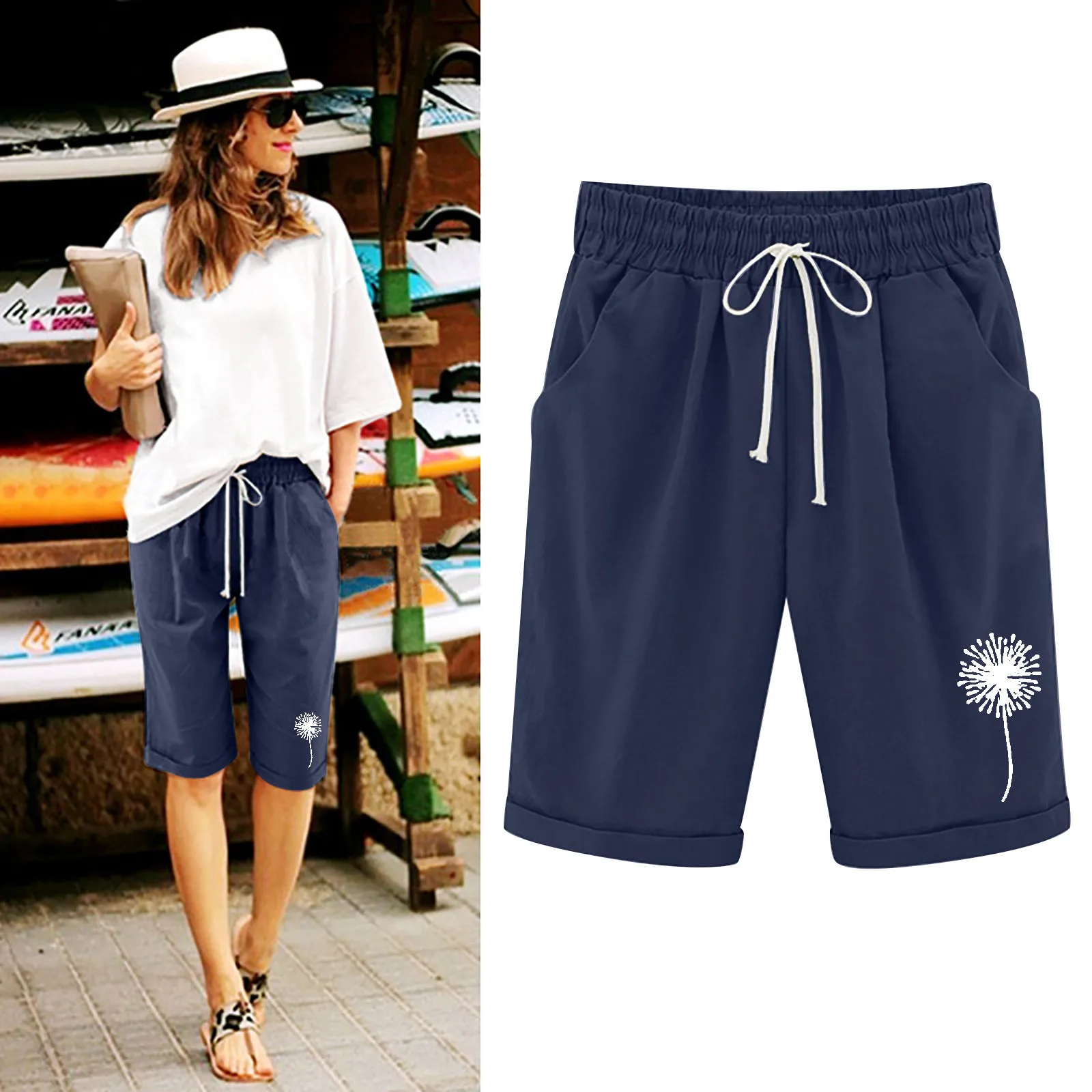 

Women Summer Dandelion Print High Waisted Cotton Linen Pants Plus Size Shorts Lacing Beach Workout Pocket Womens Athletic Shorts