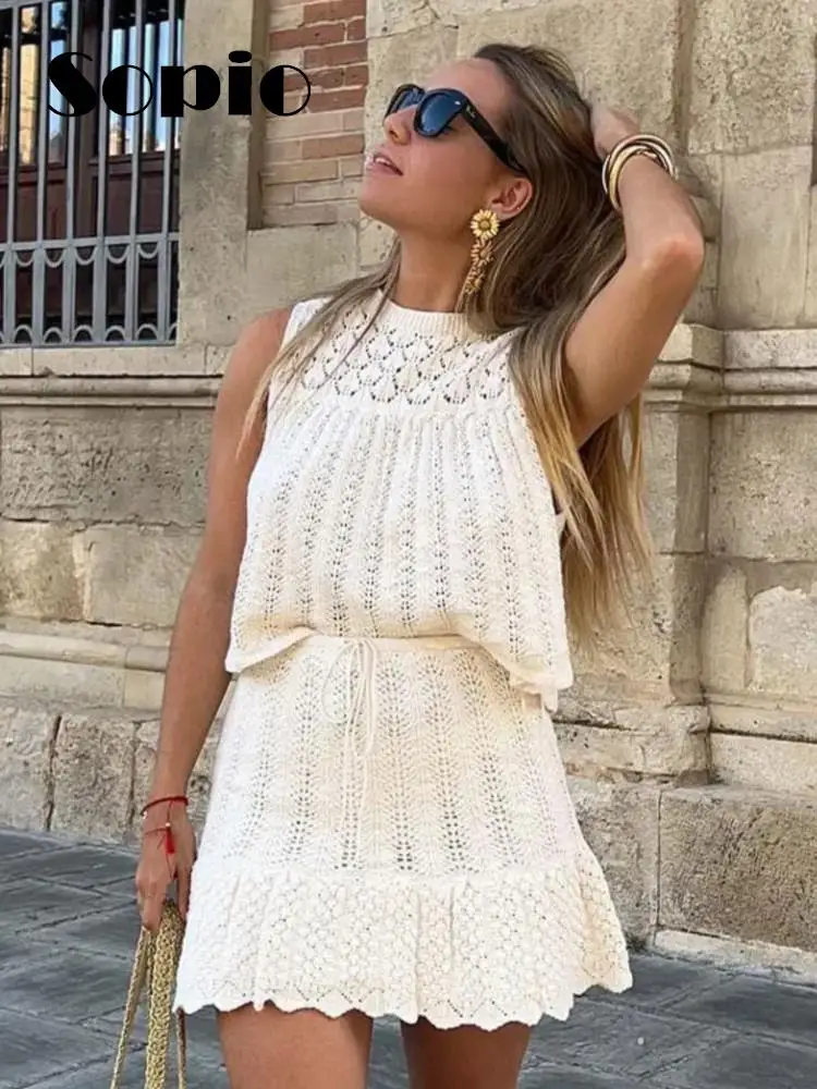 

Mesh Jacquard Hollow Out Knitted Skirt Sets Women 2024 Summer Sexy Sleeveless O Neck Tops+ A Line Drawstring Skirts Suits Female