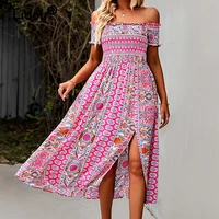 women summer 2022 elegant floral printed hem split dresses new one word shoulder boho holiday short sleeve swing slim midi dress