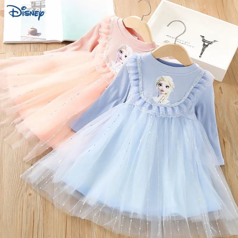 

Disney Frozen Princess Elsa Baby Girl Lace Dress Mesh Tutu Child Long Sleeve Fleece Costume Vestido Party Baby Clothes 2-7Y