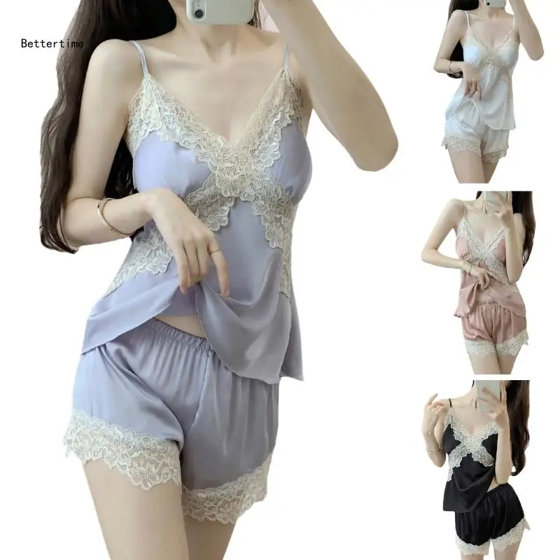 

Женский гладкий пижамный комплект B36D, комплект из двух частей, кружевной жилет, шорты, пижамный комплект, одежда для сна,