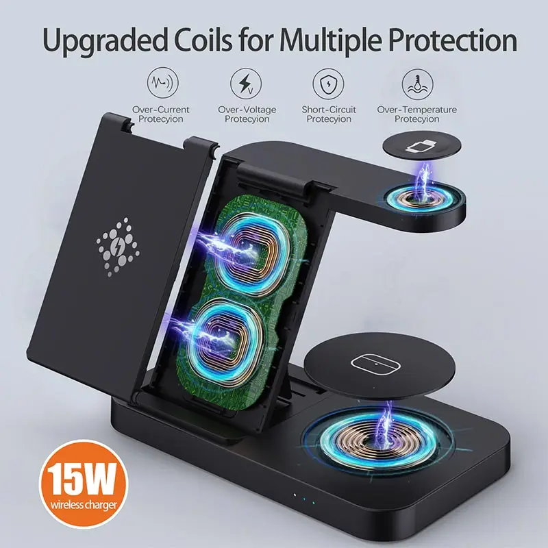 Фото Складная беспроводная зарядная станция 4 в 1 для iPhone 16 15 14 13 12 Apple Watch 7/6 для Samsung Galaxy Watch Зарядные устройства 4/3 №3