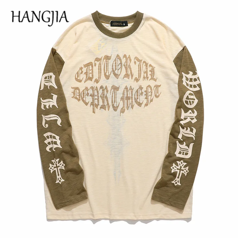 

Hip Hop Gothic Letters Print Long Sleeve Sweatshirts Women Streetwear Color Patchwork Cross Thining Sweatshirt Pullover for Men