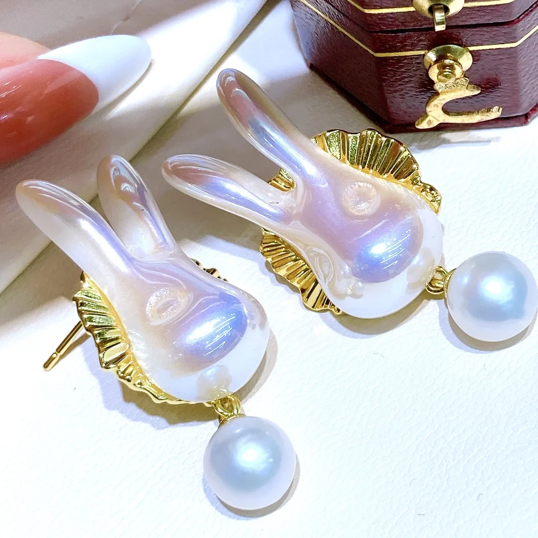 

Korea Style Lovely Rabbit Dangle Earrings Natural Freshwater Round Pearl Women Handmade Pearl Jewelry